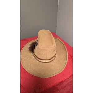 Suede Cowboy Hat with Feather Accent Tan Western Style Accessory